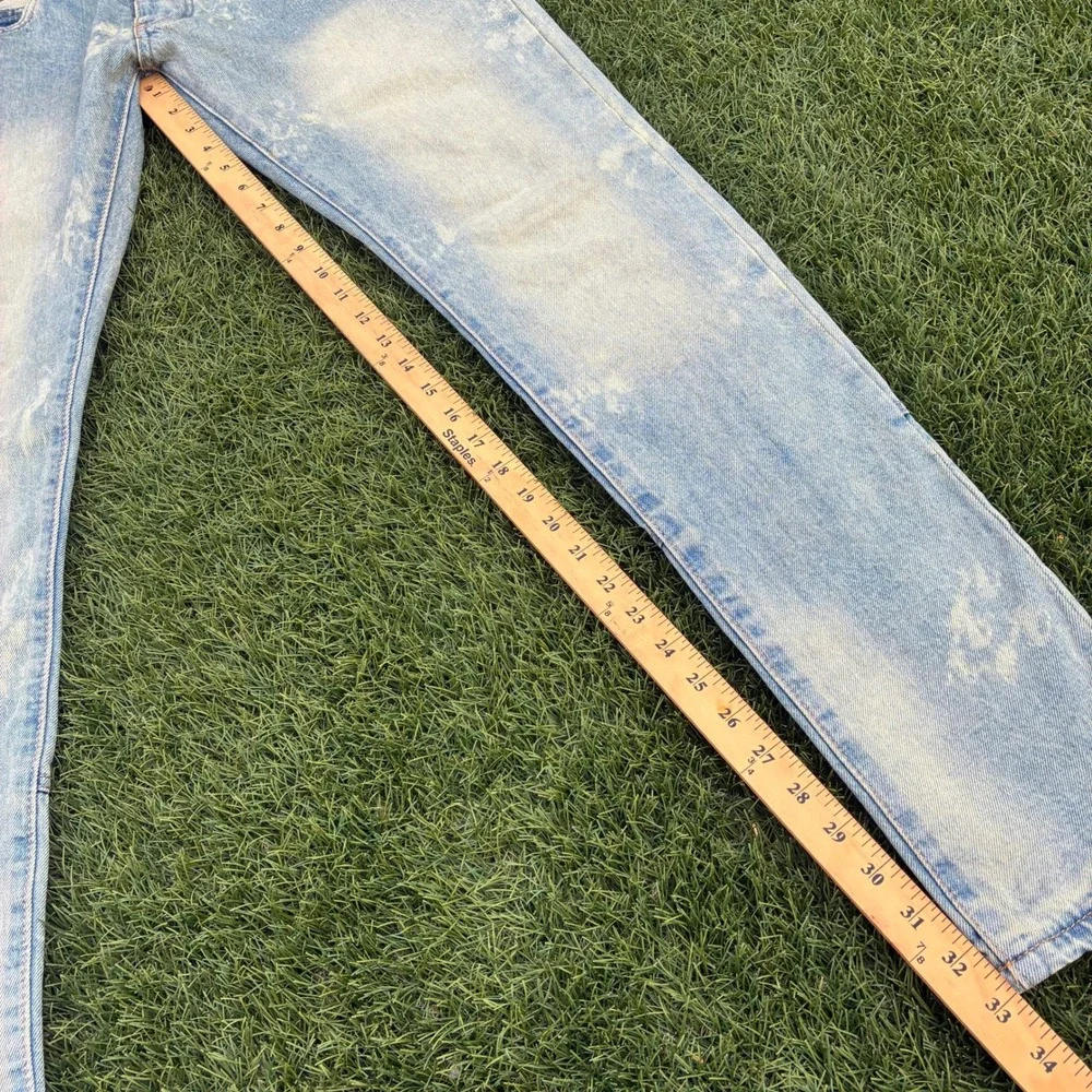 MNML Mens 32x33 Slim Fit Acid Wash Distressed Hem Denim Jeans Light Blue